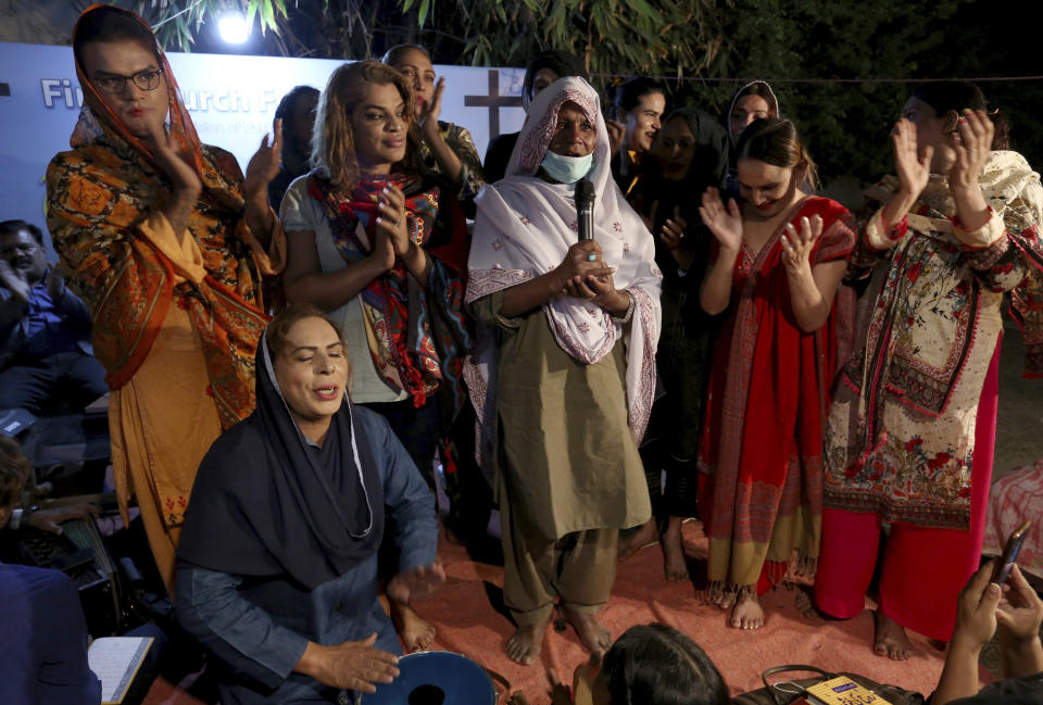 Transgender people attend a prayer service at Pakistan's first church for transgender worshippers, in Karachi, Pakistan, Friday, Nov. 13, 2020. Transgender Pakistanis are often mocked, abused and bullied, and Christians among them are a minority within a minority, often shunned even in churches. (AP Photo/Fareed Khan)