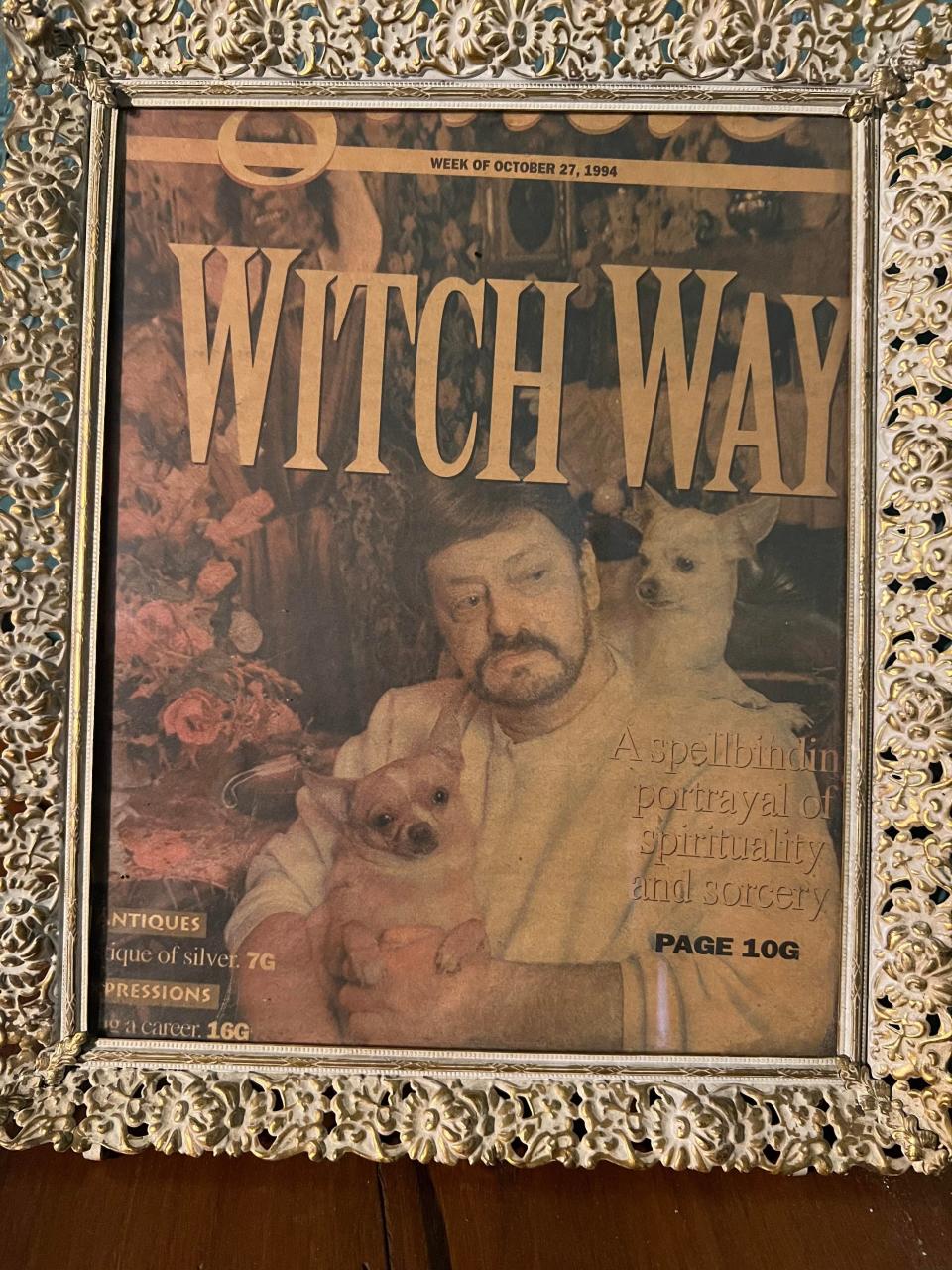 A framed news magazine from 1994 featuring a cover story on Ted Rabouin, also known as "The Warlock of Westborough."