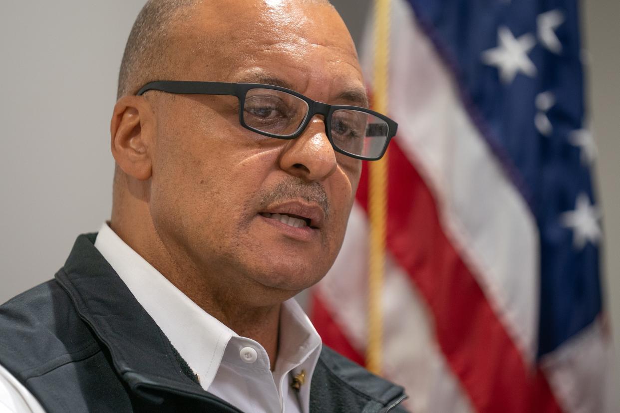 William Swann, the director chief of the Nashville Fire Department and Office of Emergency, speaks to the media concerning the upcoming 2023 Nashville Dense Urban Terrain Exercise at the Nashville Office of Emergency Management, Emergency Communications Center on Monday, Aug. 7, 2023.