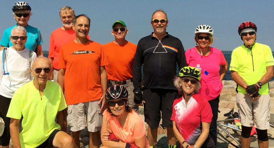 Al Meserve, on the left in the front row, with cycling friends in 2017 on the South Coast of Massachusetts.