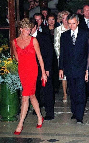 Princess Diana arriving at the Petit Palais, Paris, for a gala dinner, September 1995. She is wearing a dress by Christian Lacroix - Credit: Jayne Fincher/Getty Images