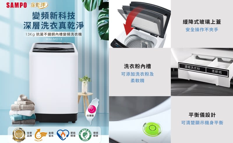 ▲聲寶 13KG台灣製變頻直立式洗衣機 WM-MD13，11/1-11/19限量送好禮，原價$16,900活動價$11,111。（圖片來源：Yahoo購物中心）