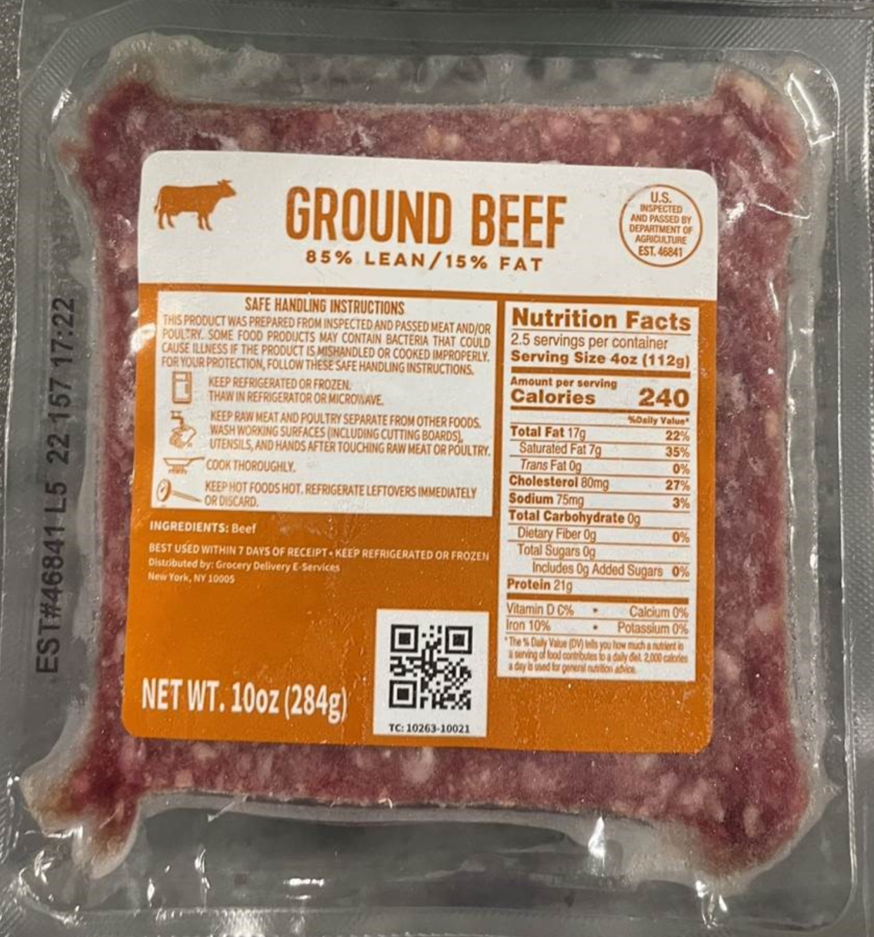 A 10-ounce package of ground. beef marked: 85% lean/15% fat.