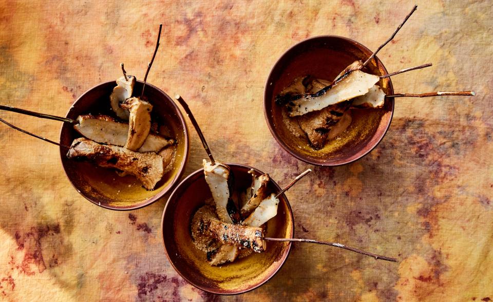 Grilled King Trumpet Mushrooms with Almond Dip