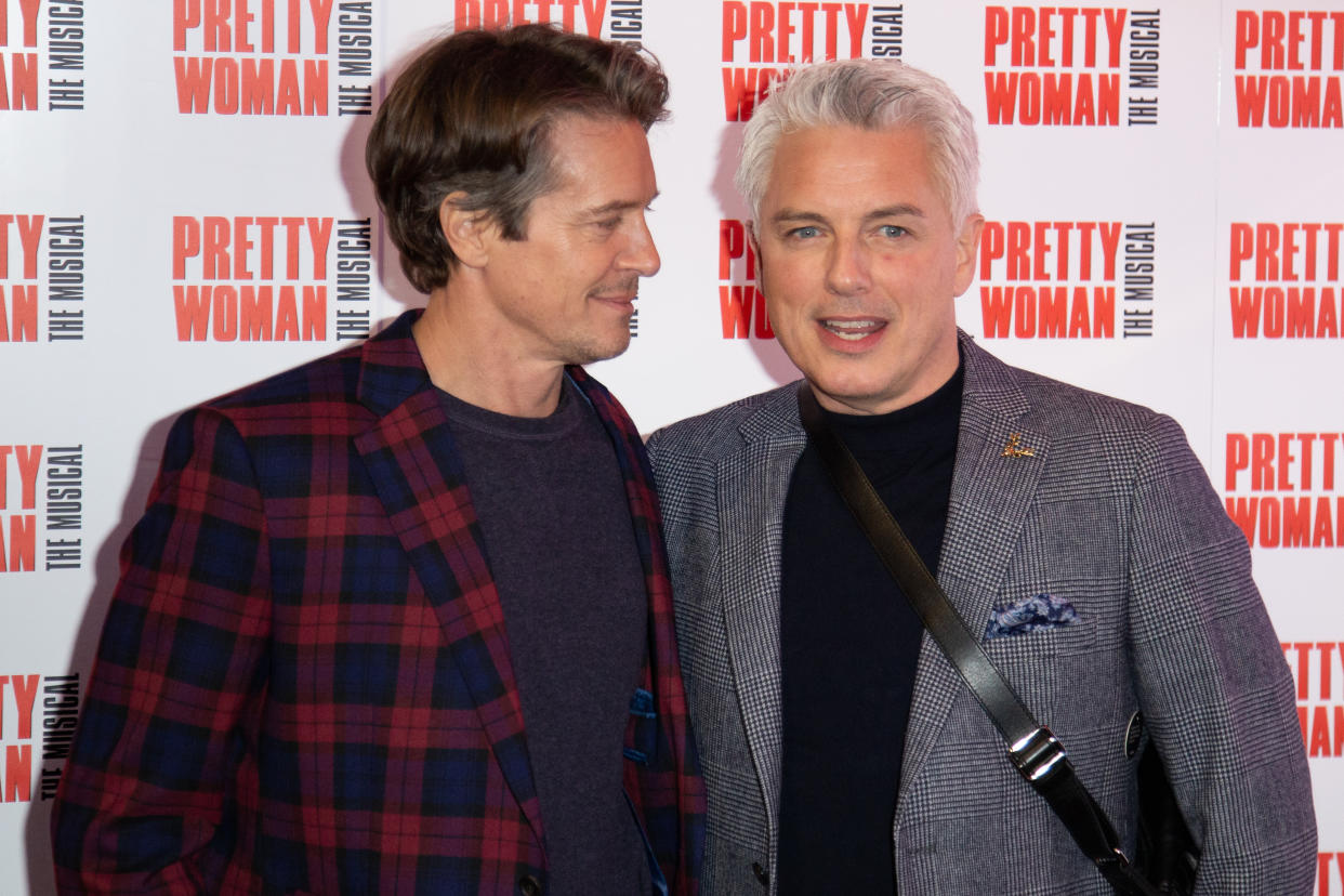 Scott Gill and John Barrowman attends the press night performance of ''Pretty Woman'' at the Piccadilly Theatre on March 2, 2020 in London, England. (Photo by Robin Pope/NurPhoto via Getty Images)