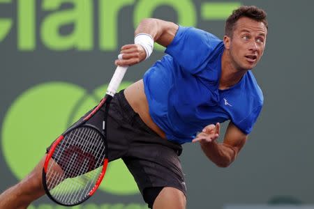 Mar 26, 2017; Miami, FL, USA; Philip Kohlschreiber of Germany serves against Rafael Nadal of Spain (not pictured) on day six of the 2017 Miami Open at Crandon Park Tennis Center. Mandatory Credit: Geoff Burke-USA TODAY Sports