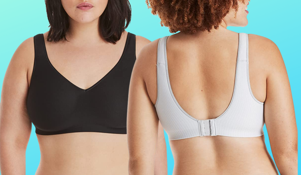 models weating the Hanes Wireless Cooling Bra in black and white, shown front and back