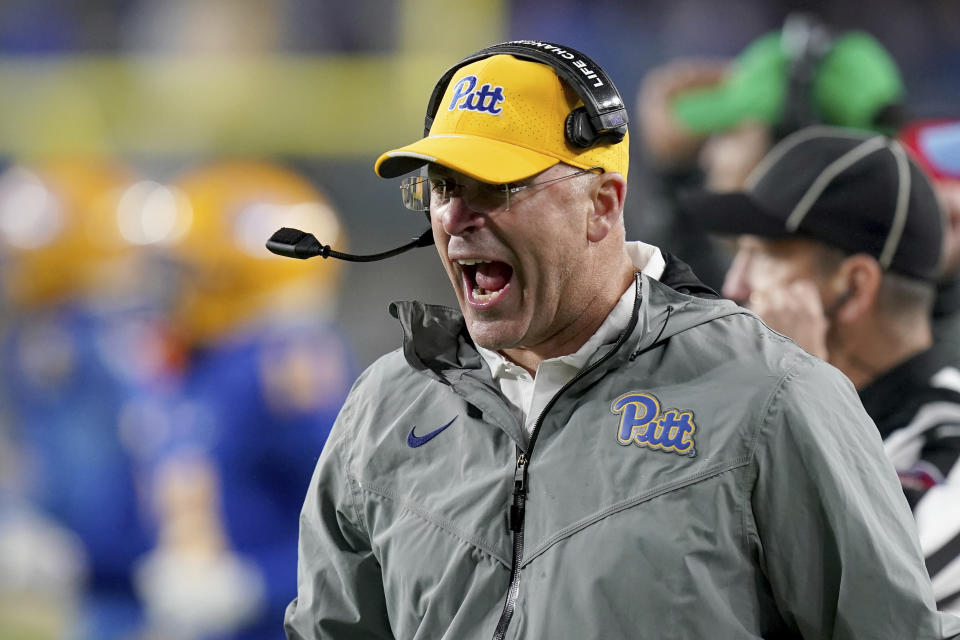 Pittsburgh coach Pat Narduzzi reacts to a play during the second half of the team's NCAA college football game against Louisville in Pittsburgh, Saturday, Oct. 14, 2023. (AP Photo/Matt Freed)