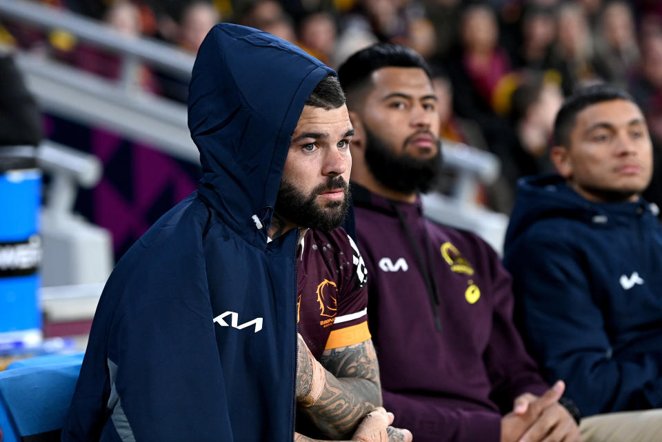 Seen here, Adam Reynolds looks on from the sidelines after being injured in Brisbane's round 14 win over the Raiders. 