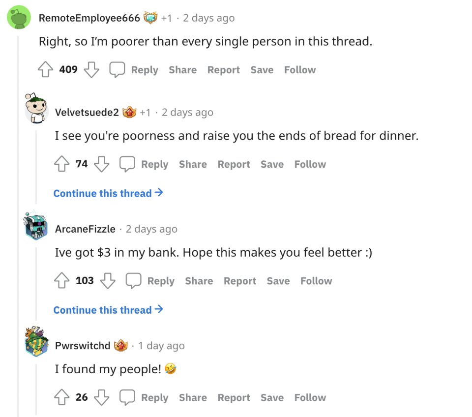 A screenshot of a conversation on Reddit in which users are laughing about how little money they have saved.