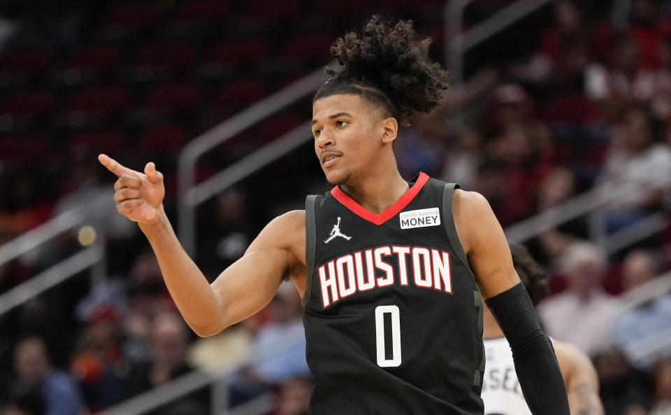 FILE - Houston Rockets guard Jalen Green reacts after making a 3-point basket during the second half of the team's NBA basketball game against the Minnesota Timberwolves on April 3, 2022, in Houston. Green will become an ambassador for the East Asia Super League in a bid to promote basketball in the region. (AP Photo/Eric Christian Smith, File)