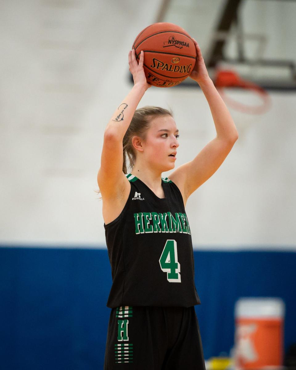 Herkimer's Charity Dygert looks for a pass during the semifinal game of the 2022-23 Section III Class C Sectional Championships at Onondaga Community College in Syracuse on Sunday, February 26, 2023.