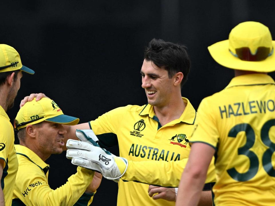 Australia’s captain Pat Cummins celebrates with teammates (AFP via Getty Images)