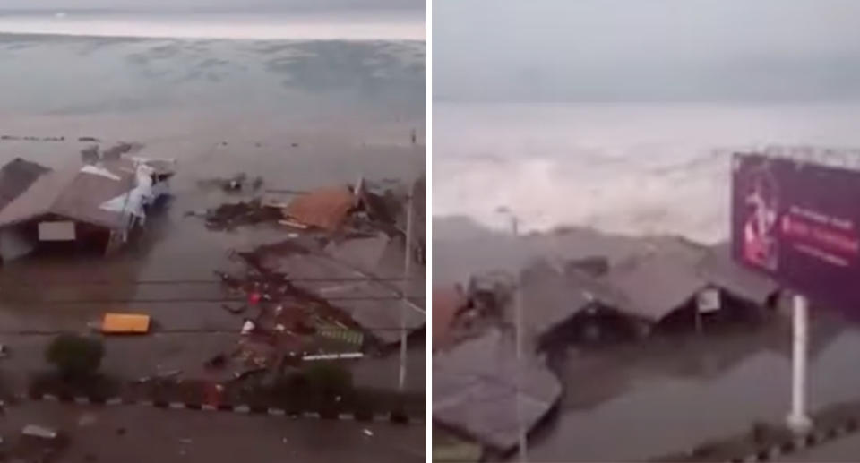 Tsunami wave at Palu in Sulawesi Indonesia, sweeps away homes.