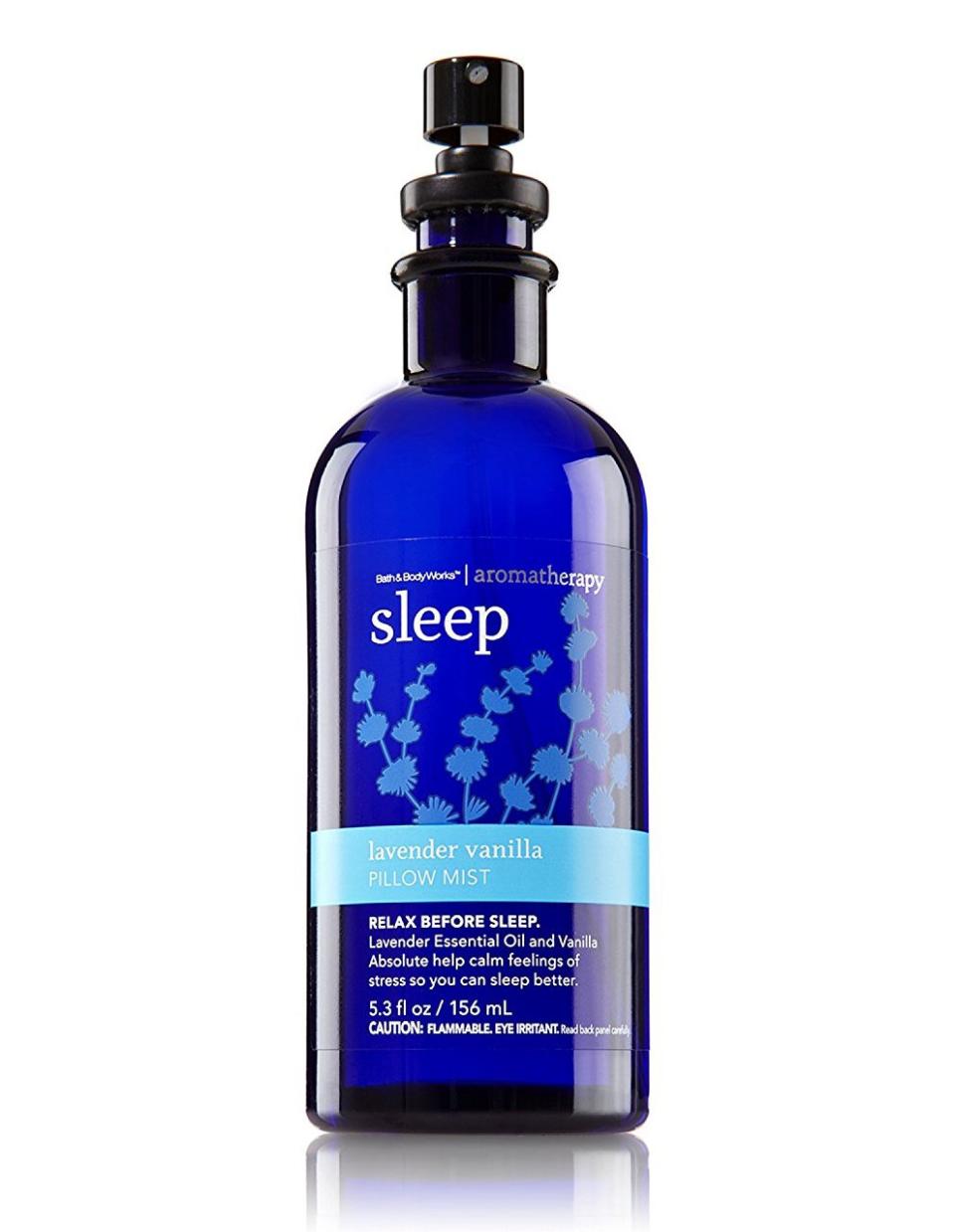 <p><strong>This relaxing lavender vanilla pillow mist. <a rel="nofollow noopener" href="https://www.amazon.com/Bath-Body-Works-Aromatherapy-Lavender/dp/B0075PW2HW?mbid=synd_yahoolife" target="_blank" data-ylk="slk:$9.25;elm:context_link;itc:0;sec:content-canvas" class="link ">$9.25</a></strong></p> <p>Because <a rel="nofollow noopener" href="http://www.self.com/story/how-to-get-better-sleep-10-rules-you-must-follow?mbid=synd_yahoolife" target="_blank" data-ylk="slk:a good night's sleep;elm:context_link;itc:0;sec:content-canvas" class="link ">a good night's sleep</a> is a major key to good health.</p>