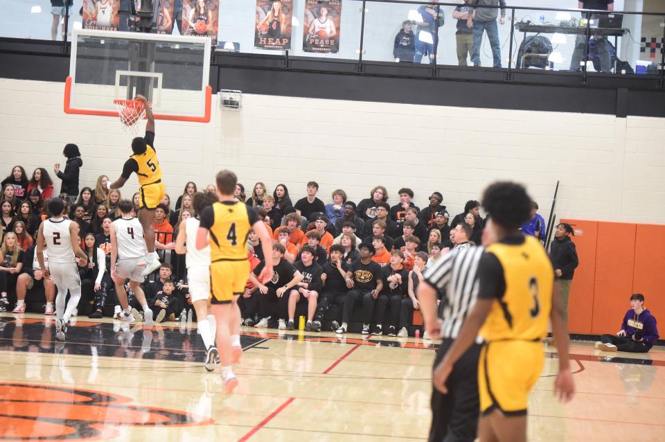 Red Lion's Chris Williams throws down a dunk in the third quarter against Central York Friday. Red Lion beat Central York, 66-65, on the road in the District 3 Class 6A quarterfinals Friday, Feb. 23, 2024.