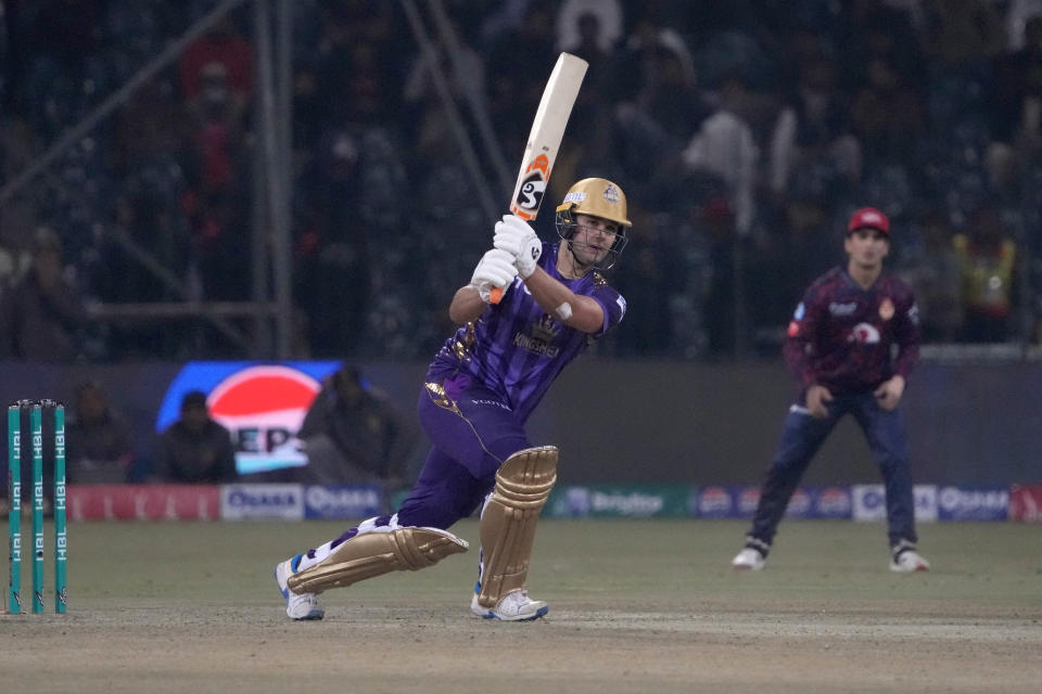 Quetta Gladiators' Rilee Rossouw plays a shot during the Pakistan Super League T20 cricket match between Islamabad United and Quetta Gladiators, in Lahore, Pakistan Thursday, Feb. 22, 2024. (AP Photo/K.M. Chaudary)