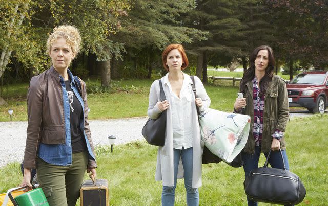 <p>Sophie Giraud/CBC/Courtesy Everett Collection</p> From left: Juno Rinaldi, Dani Kind and Catherine Reitman on 'Workin' Moms'