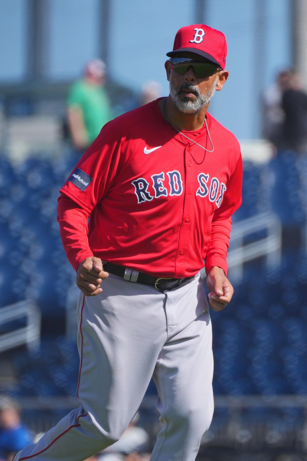 Feb 28, 2024; West Palm Beach, Florida, USA; Boston Red Sox manager Alex Cora in the fifth inning during a game against the Washington Nationals at The Ballpark of the Palm Beaches. Mandatory Credit: Jim Rassol-USA TODAY Sports