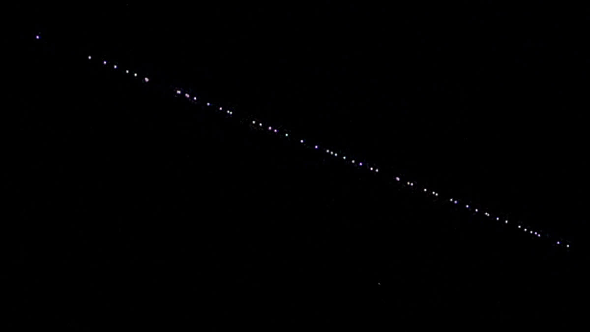  The passage of SpaceX Starlink satellites is observed in the skies of Sanliurfa, Turkiye on May 04, 2023. 