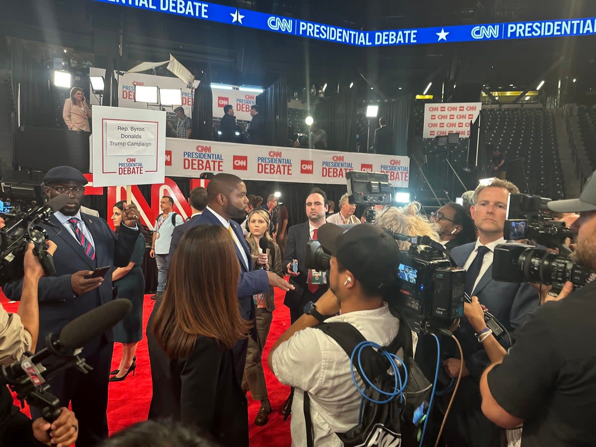 Republican lawmaker Byron Donalds speaks to reporters after the first 2024 presidential debate (The Independent/Andrew Feinberg)