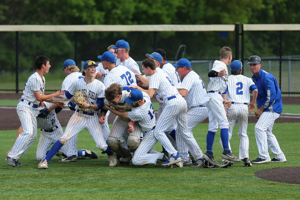 Chapel Christian players celebrates their 3-2 victory over Northstar Christian in the NYSPHSAA Class D baseball championship game, Saturday, June 10, 2023, at Maine-Endwell High School.