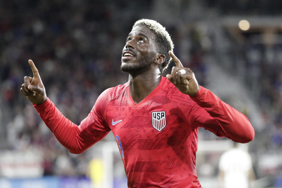 U.S. forward Gyasi Zardes celebrates his goal against Canada during the second half of a CONCACAF Nations League soccer match Friday, Nov. 15, 2019, in Orlando, Fla. (AP Photo/John Raoux)