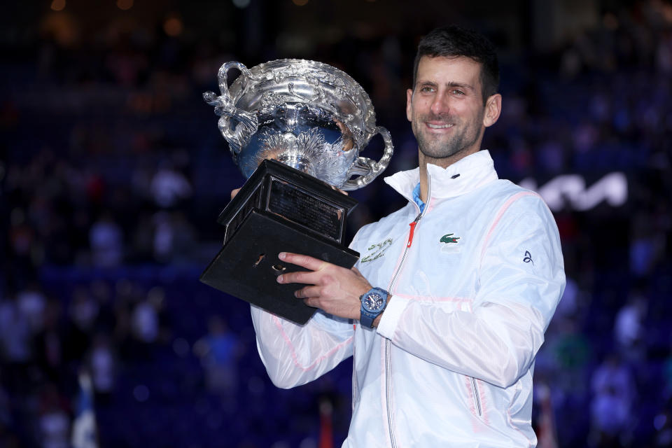 Novak Djokovic, pictured here celebrating with the trophy after winning the Australian Open.