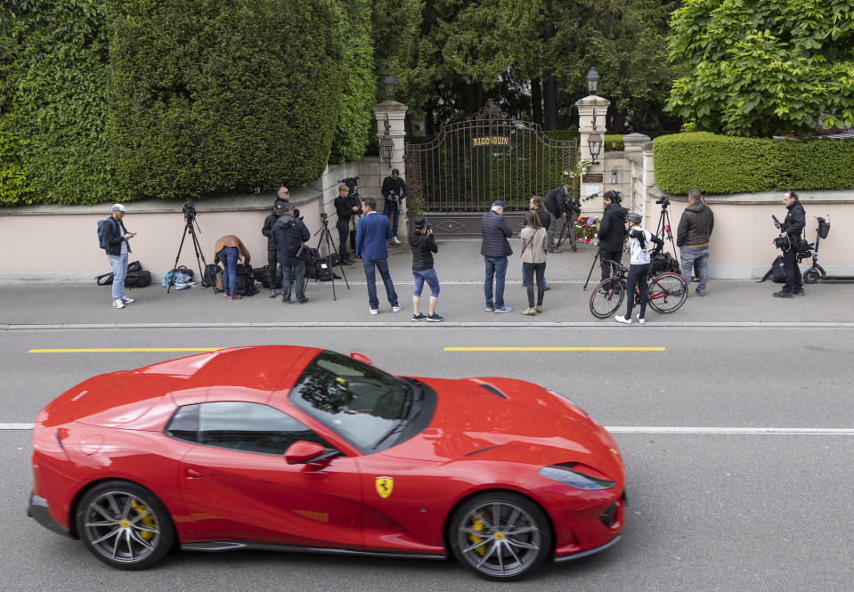 Media gather at the gate of the house of late singer and stage performer Tina Turner in Kuesnacht, Switzerland, on Thursday, May 25, 2023. Turner, the unstoppable singer and stage performer, died Wednesday, after a long illness at her home in Kuesnacht near Zurich, Switzerland, according to her manager. She was 83. (AP Photo/Arnd Wiegmann)