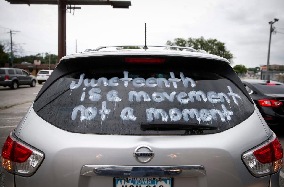 More than 100 cars participated in a Juneteenth driving march in Des Moines on Friday, June 19, 2020. The event began at the Iowa State Fairgrounds and proceeded along a route through Des Moines, Clive and Urbandale. 