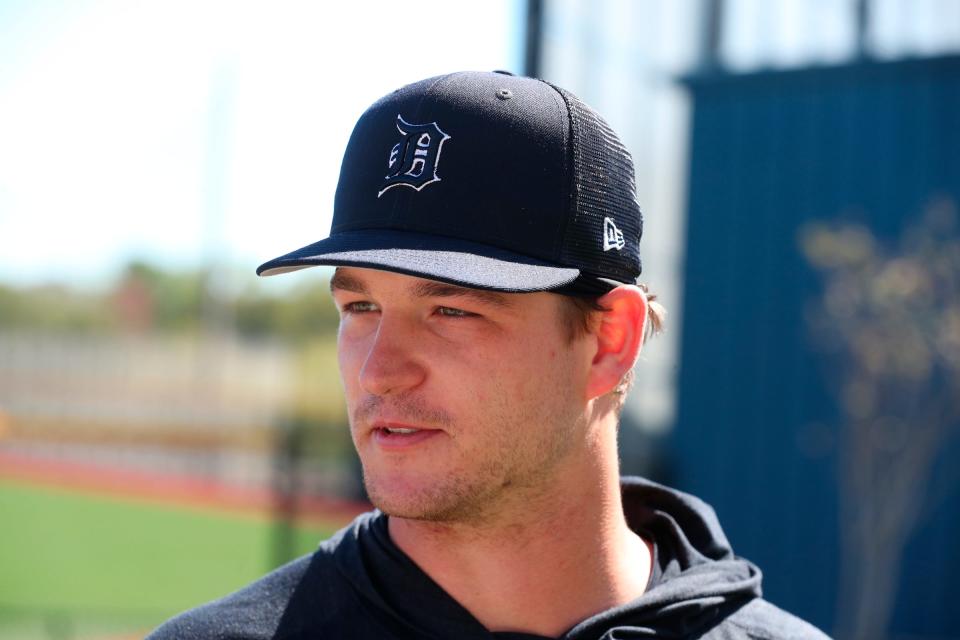 Tigers catcher Dillon Dingler talks with reporters after practice during spring training on Monday, Feb. 13, 2023, in Lakeland, Florida.