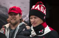 Para-Nordic Skiing and Biathlon athlete Mark Arendz stands on stage during the unveiling of the Canadian Olympic and Paralympic team clothing in Toronto, October 30, 2013. REUTERS/Mark Blinch (CANADA - Tags: SPORT SKIING OLYMPICS)