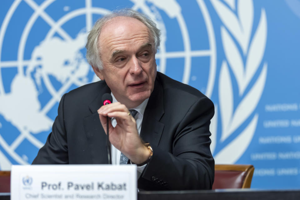 Pavel Kabat, WMO Chief Scientist and Research Director, speaks about the release of WMO Greenhouse Gas Bulletin with details on annual average concentration of carbon dioxide and other greenhouse gases, during a press conference, at the European headquarters of the United Nations in Geneva, Switzerland, Thursday, Nov. 22, 2018. (Martial Trezzini/Keystone via AP)