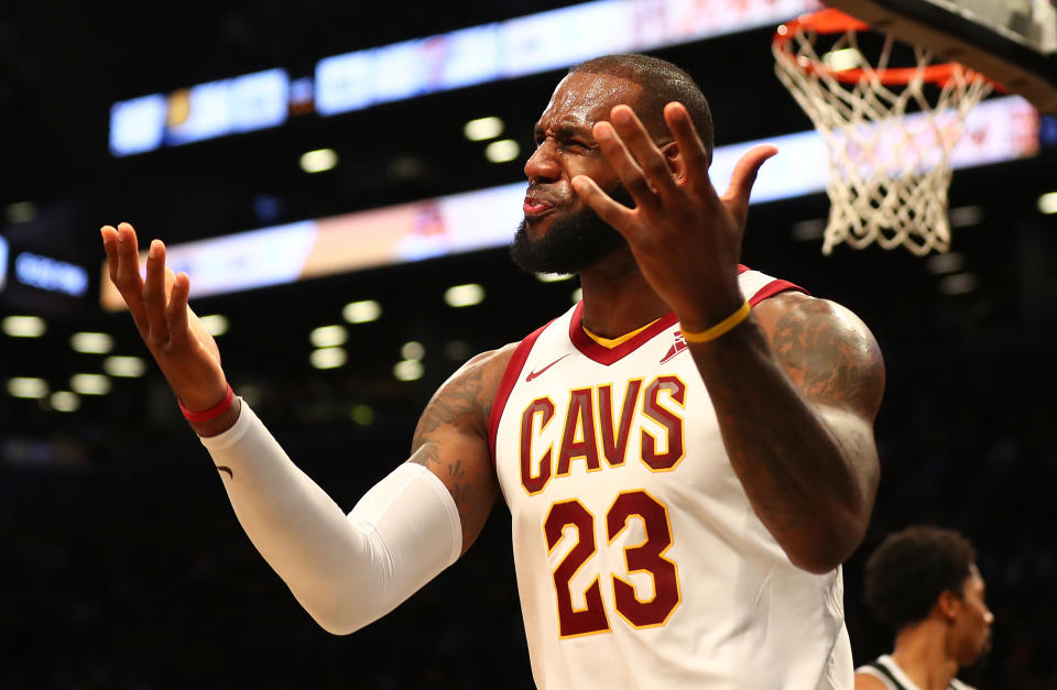 LeBron James reacts to a call during the Cavs’ Wednesday loss to the Brooklyn Nets at Barclays Center. (Getty)