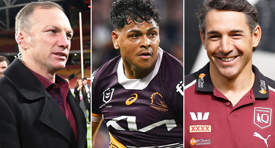 From left to right, Darren Lockyer, Selwyn Cobbo and Maroons coach Billy Slater.