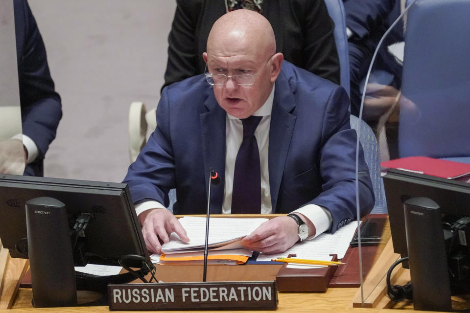 Russian Ambassador to the United Nations Vasily Nebenzya speaks during a Security Council meeting on threats to international peace and security, Thursday, Aug. 11, 2022 ,at U.N. headquarters. (AP Photo/Mary Altaffer)