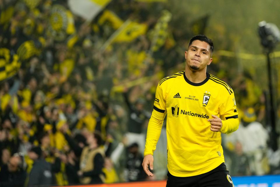 Dec 9, 2023; Columbus, OH, USA; Columbus Crew forward Cucho (9) celebrates his goal on a penalty shot against Los Angeles FC goalkeeper Maxime Crepeau (16) (not pictured) during the first half at Lower.com Field. Mandatory Credit: Adam Cairns-USA TODAY Sports