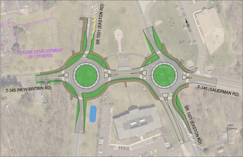 An artist rendering of the Easton Road roundabouts project in Doylestown provided by PennDOT. The project replaces stop signs at two intersections near Triangle Park, where over two dozen crashes have been reported over the last decade.