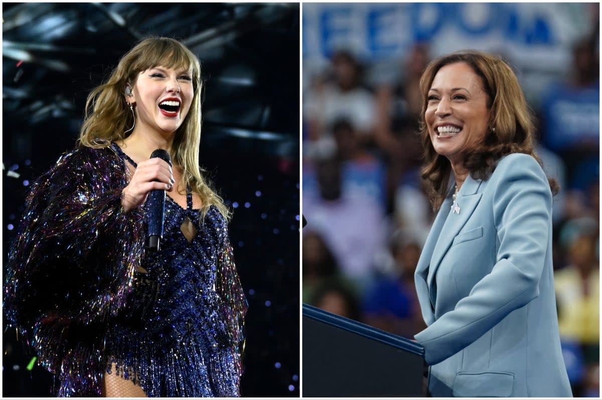 Taylor Swift fans are hoping she might endorse 2024 Democratic nominee Kamala Harris (right) (Getty)