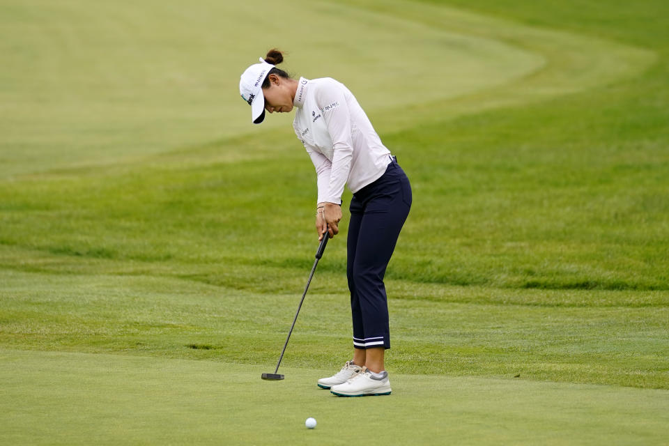 Lydia Ko, of New Zealand, putts on the third green during the final round of the ShopRite LPGA Classic golf tournament, Sunday, June 12, 2022, in Galloway, N.J. (AP Photo/Matt Rourke)