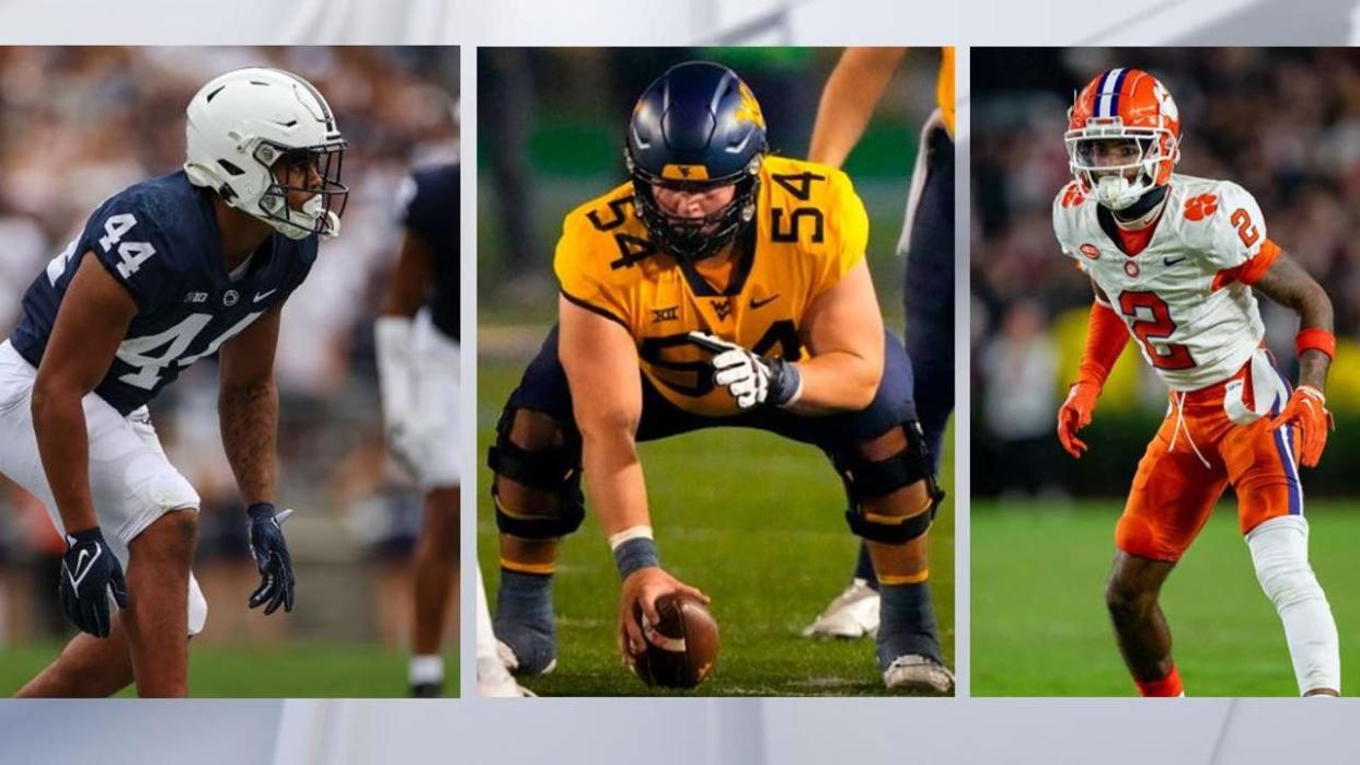 <div>Possible Lions 1st Round picks: Chop Robinson, left (Photo by Scott Taetsch/Getty Images), Zach Frazier (Photo by Gregory Fisher/Icon Sportswire via Getty Images), Nate Wiggins (Photo by Jacob Kupferman/Getty Images)</div>