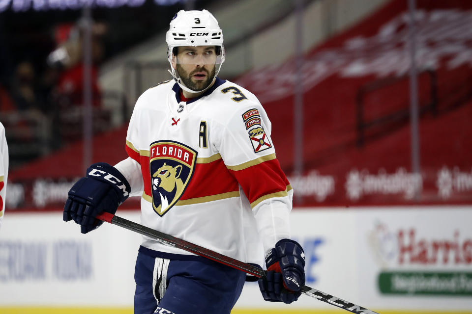 Florida Panthers' Keith Yandle (3) waits for a face-off against the Carolina Hurricanes during the first period of an NHL hockey game in Raleigh, N.C., Sunday, March 7, 2021. (AP Photo/Karl B DeBlaker)