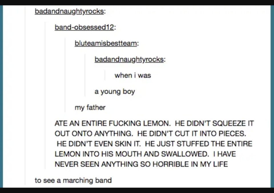 A screenshot of a text post where a user shares a humorous anecdote about eating a whole lemon as a child