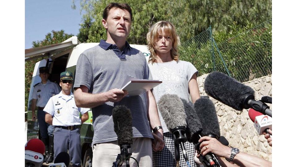 Gerry and Kate McCann, the parents of the missing three-year-old girl Madeleine McCann, read a statement to the press outside their resort apartment, 11 May 2007