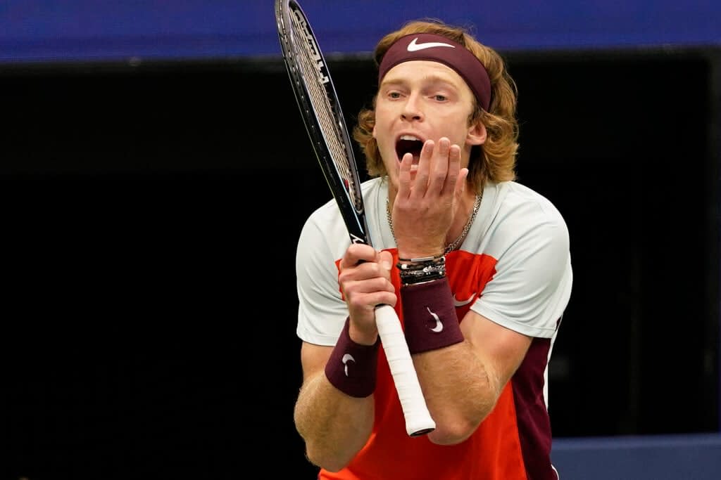 Andrey Rublev, of Russia, reacts after losing a point to Frances Tiafoe, during the quarterfinals of the U.S. Open tennis championships, Wednesday, Sept. 7, 2022, in New York. (AP Photo/Seth Wenig)