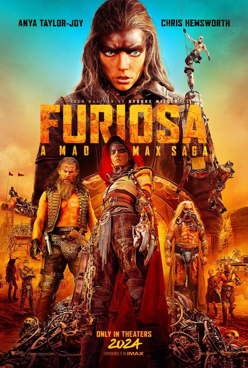 Movie poster for "Furiosa" featuring Anya Taylor-Joy and Chris Hemsworth, with a dystopian backdrop. Coming to theaters in 2024