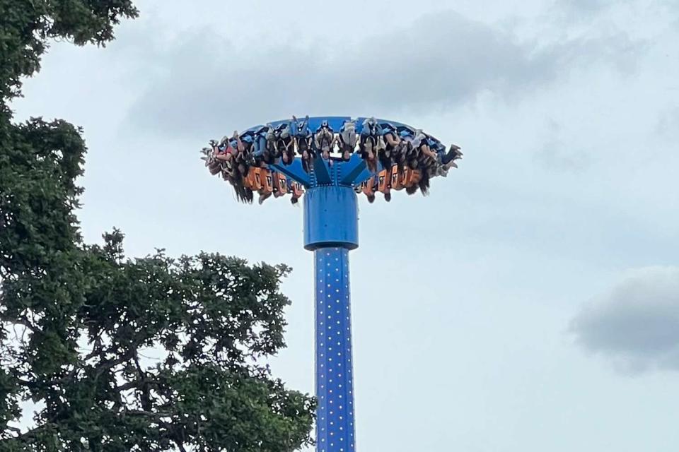 <p>Portland Fire and Rescue/Facebook</p> The AtmosFEAR ride stuck upside down at Oaks Amusement Park in Oregon on Friday, June 14