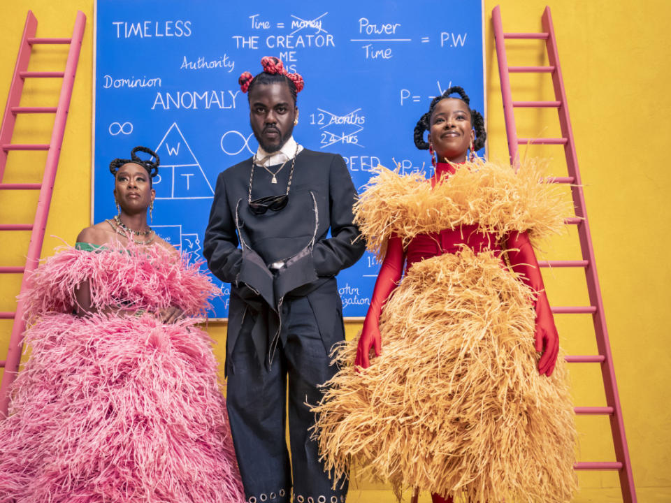 Margot Lee Shetterly (left), Prince Gyasi (center) and Amanda Gorman (right) behind the scenes of the 2024 Pirelli Calendar shoot.<p>Photo: Courtesy of Pirelli</p>