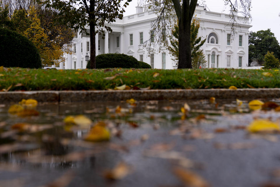 Leaves lie on the ground outside the White House, Thursday, Nov. 12, 2020, in Washington. (AP Photo/Andrew Harnik)
