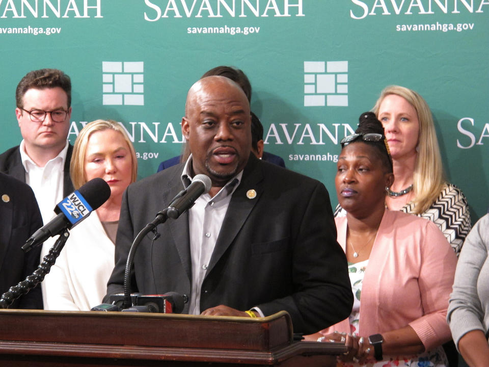 FILE - Savannah Mayor Van Johnson speaks during a new conference, March 11, 2020, in Savannah, Ga. Georgia's attorney general says city officials in Savannah overstepped their authority by making it illegal to leave firearms in unlocked cars. (AP Photo/Russ Bynum, File)